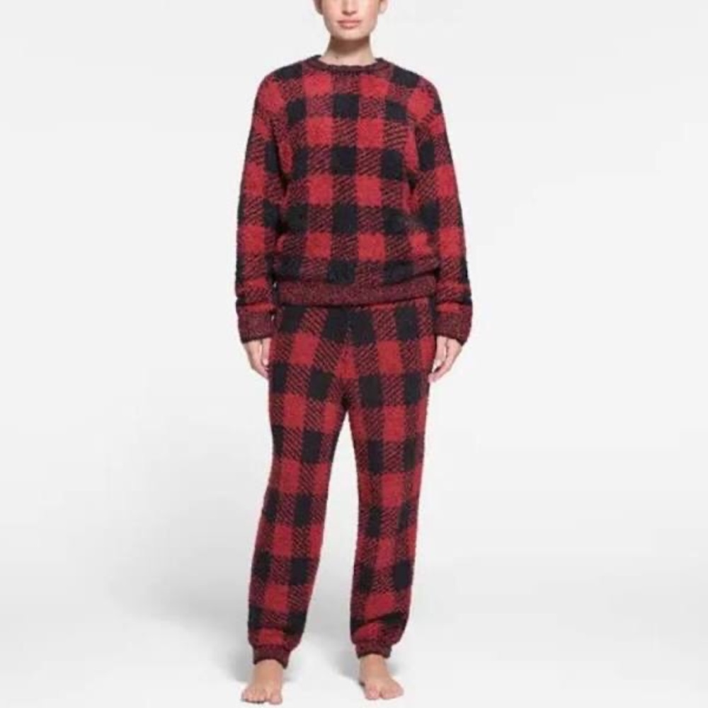 SKIMS Cozy Knit 2 Piece Top + Jogger Lounge Set Brick Buffalo Check S/M Org $200